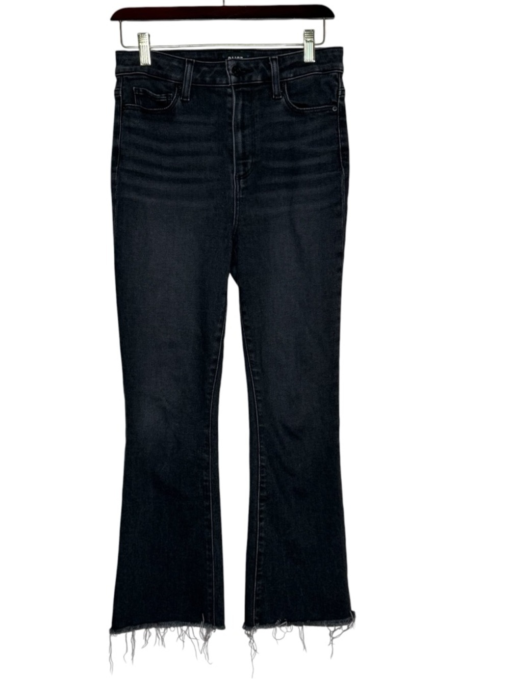 PAIGE Claudine Crop Flare Jeans 28 Dark Wash Raw Hem Stretch Denim Modern Chic